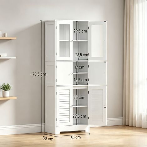Meuble de salle de bain haut, armoire de rangement avec 6 portes dont 2 vitrées et 2 coulissantes, étagères réglables en hauteur, placard de salle d'eau autoportant (1/5)