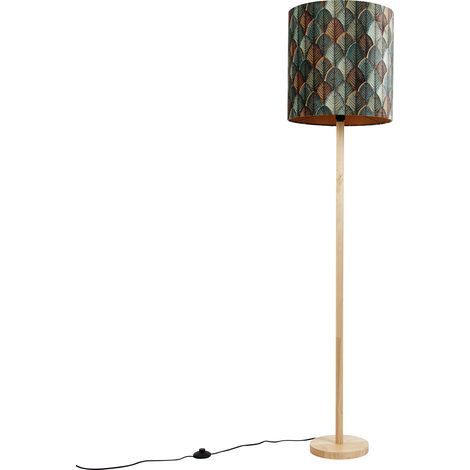 QAZQA Clásico/Antiguo Lámpara de pie de madera con pantalla de terciopelo, diseño de hojas e interior dorado - Mels Terciopelo /Textil / Redonda Adecuado para LED Max. 1 x 40 Watt