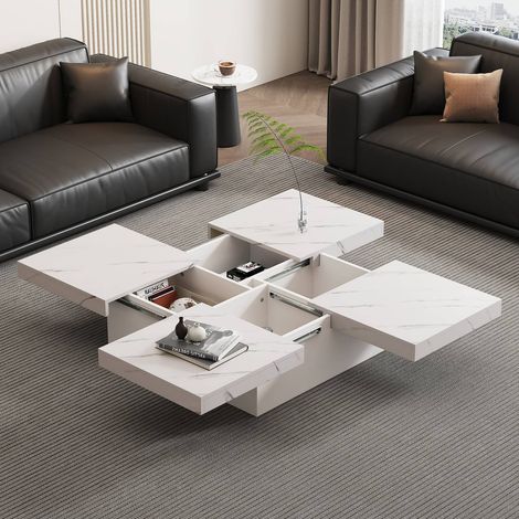 Table basse carrée blanche 90 x 90 x 25 cm, plateau coulissant effet marbre, 4 tiroirs et rangement intégré (1/5)