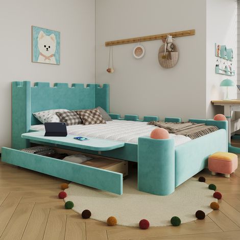 Letto per bambini 140x200 cm blu verde in legno e tessuto con contenitore e ripiano pieghevole (1/5)