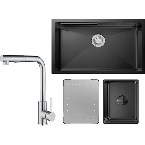 Cecipa Évier Cuisine 1 Bac Noir avec Egouttoir et Vasque Évier à Encastrer 70×44×21CM + Mitigeur Cuisine Brossé avec Douchette Extractible (1/5)
