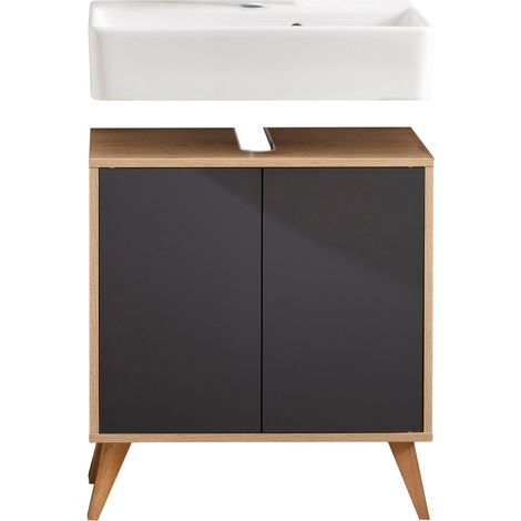 FACKELMANN FINN Badmöbel Set 3 Teile / Waschbecken / Waschbeckenunterschrank / 4 Holzfüße / Badschrank mit Push-to-Open / Korpus & Front: Schwarz / Rahmendekor & Füße: Braun hell / Breite: 60 cm"-"062 (1/5)