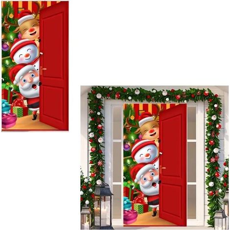 DECOR DE NOEL Couverture de Porte Noel, Decoration Porte Noel Exterieur,Décorations de Noël Couverture de Porte en Tissu, 90x180 CM (1/5)