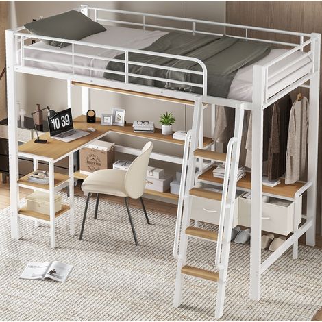 Bett Hochbett modern 90x200 cm aus Metall und Holz in Weiß/Natur mit Schreibtisch, Regal und 2 Stoffboxen (1/5)
