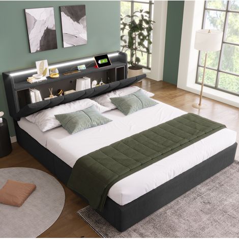 DESVIAE Lit coffre 140 x 200 cm en lin gris avec tête de lit de rangement prises et usb led rgbw contrôle par application structure en fer et lattes en bois massif (1/5)
