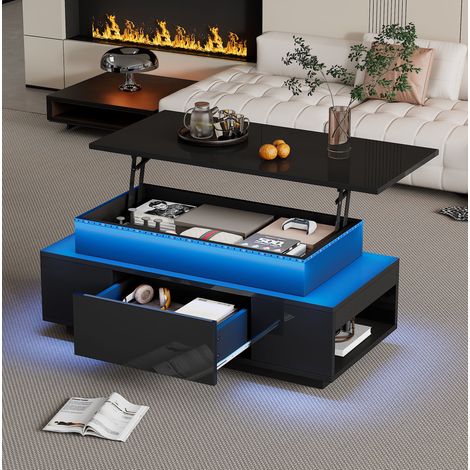 Table basse relevable 96 x 45 x 40 cm avec rangement, tiroir et éclairage LED, noire DESVIAE (1/5)