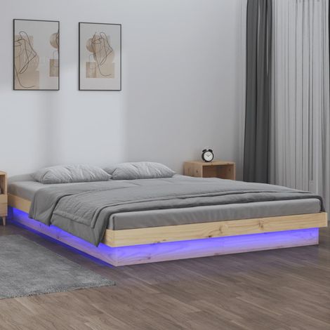 Cadre de lit à LED avec bois de pin massif et télécommande pour matelas 135x190cm (1/4)
