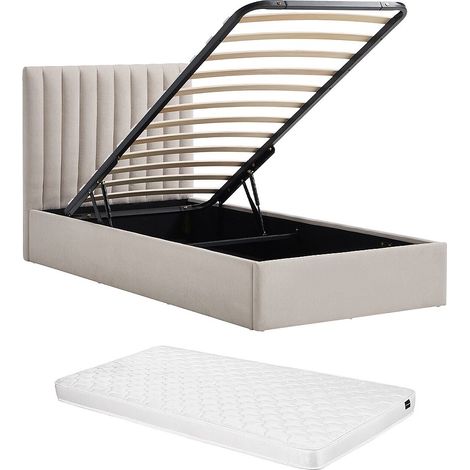 Lit coffre 90 x 200 cm – Tissu – Beige + Matelas – SARANELI (1/5)