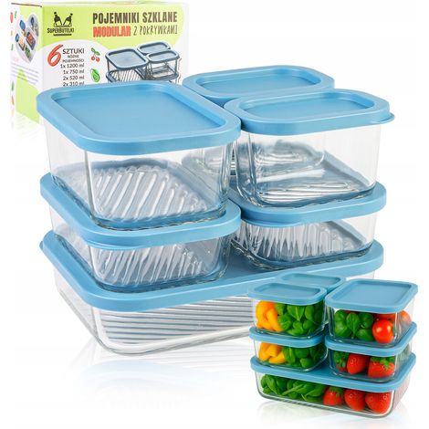 Modulare Glasbehälter (6 Stück) - 2x 310 ml + 2x 520 ml + 1x 750 ml + 1x 1200 ml mit blauen Kunststoffdeckeln