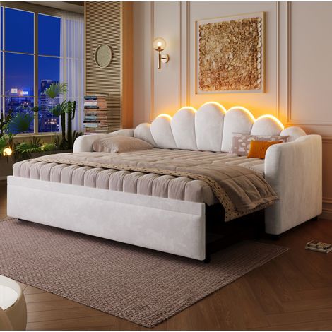 Divano letto imbottito in velluto bianco, 90x200 cm, con letto estraibile e illuminazione a LED. (1/5)