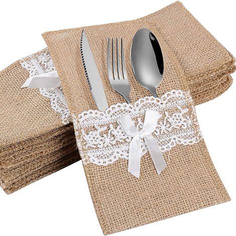 Porte-Couverts En Toile De Jute - 5 x 10 cm - Avec Dentelle Vintage - Lot De 20 (1/5)