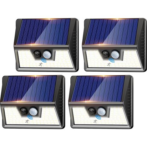 Lampe Solaire Extérieur Détecteur de Mouvement, Lot de 4 Lumiere Solaire Exterieur Avec IP65 Étanche, 3 Modos Eclairage Exterieur Solaire, Lampe Solaire pour Jardin, Garage
