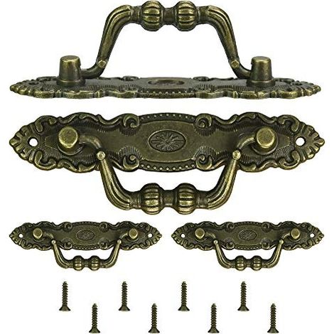 Lot de 4 poignées de meubles antiques en bronze avec anneau de traction - Poignées de tiroir décoratives vintage avec vis pour armoires, commodes, boîtes en bois (1/5)
