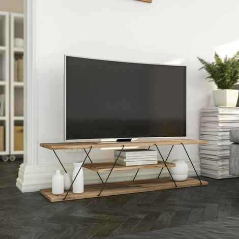 Dmora - Mueble de televisión Dmustaph, Aparador de salón, Mueble bajo para TV, Base de pared equipada, 120x30h33 cm, Negro y Nogal (1/4)