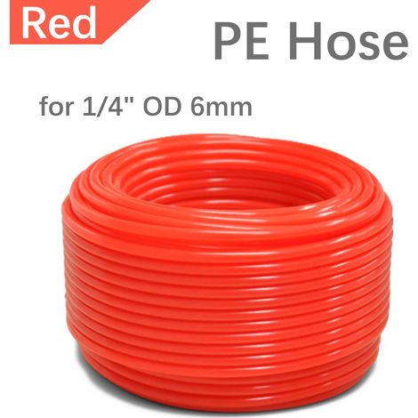 Tuyau PE rouge (1/4'', 20 m) pour l'arrosage du jardin. Raccord rapide à pression et verrouillage par glissement. Système de brumisation.