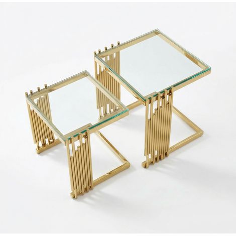 Lot de 2 tables d’appoint carrées modernes pour salon, petite table d’appoint dorée avec plateau en verre trempé transparent et pieds en acier inoxydable doré, pour chambre, canapé et balcon. (1/5)