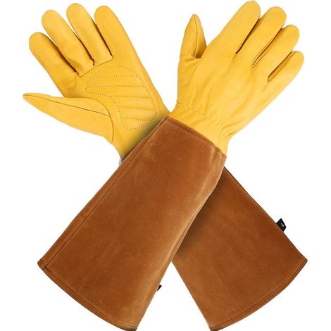 Gants de jardinage longs pour femmes/hommes, résistants aux épines, pour la taille des rosiers, pour cactus, en peau de chèvre/vache (1 paire, taille M) (1/5)