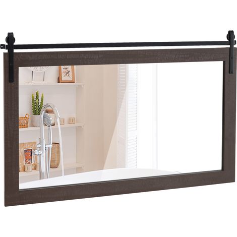 Miroir Mural Rectangulaire 100 X 66 CM, Cadre en Bois Massif, Style Porte de Grange, Support en Métal, Réflexion HD, Grand Miroir Mural, Noyer (1/5)