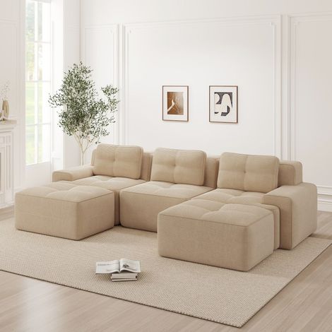 Canapé modulable Cloud en U avec pouf, 3 places, velours côtelé beige, sans montage
