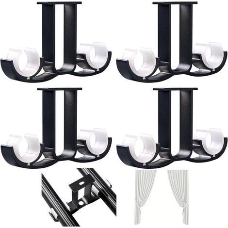 Supports pour rideaux doubles en métal noir – Lot de 4, fixation au plafond, robuste et design moderne (1/4)