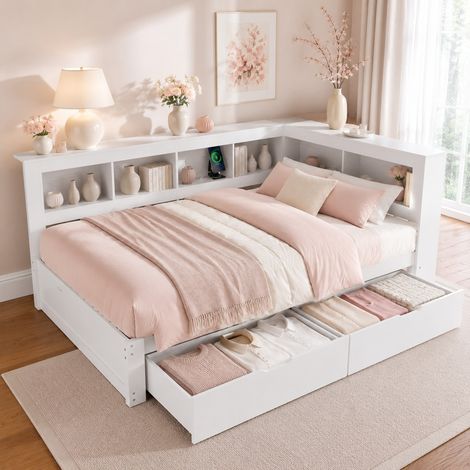 Divano letto 140x200 cm in legno bianco con contenitore, senza materasso - FLORAGRACE (1/5)