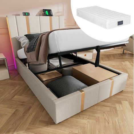 Lit coffre rembourré en tissu lin beige 90x200 cm avec matelas, LED RGB, ports USB et USB-C (1/5)