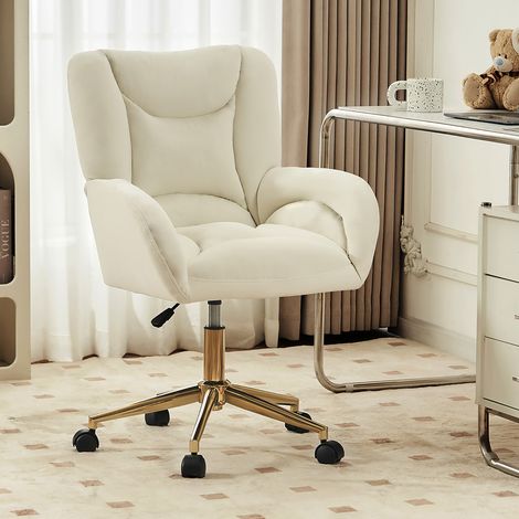 Fortuna Lai – Chaise de bureau pivotante réglable en velours – Dossier ergonomique – Roulettes 360° – Base dorée – Beige (1/5)