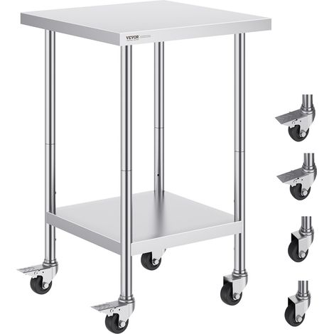 Table de Travail Inox 61 x 61 x 95,5 cm, Table de Préparation des Aliments Charge 317,5 kg avec 4 Roulettes, 3 Niveaux de Hauteur Réglables, Meuble de Rangement, pour Cuisine Restaurant Maison (1/5)