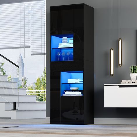MEUBLIV Vitrine LED noire 55x38x170 cm – 1 tiroir, 4 portes, rangements en verre (1/5)