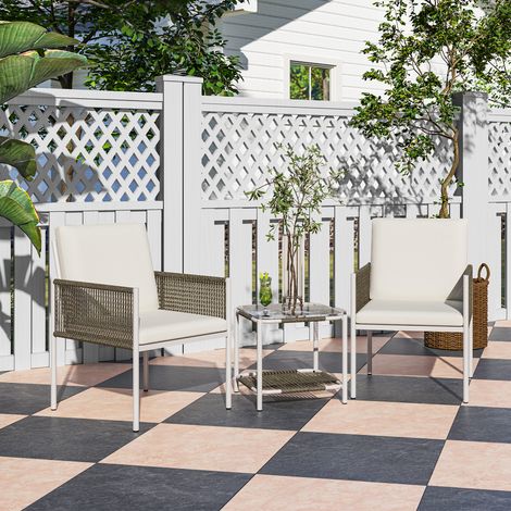 Juego de 2 Sillas y Mesa de Ratán con Cojines Acolchados y Encimera de Vidrio para Balcón Terraza Marrón y Crema (1/5)