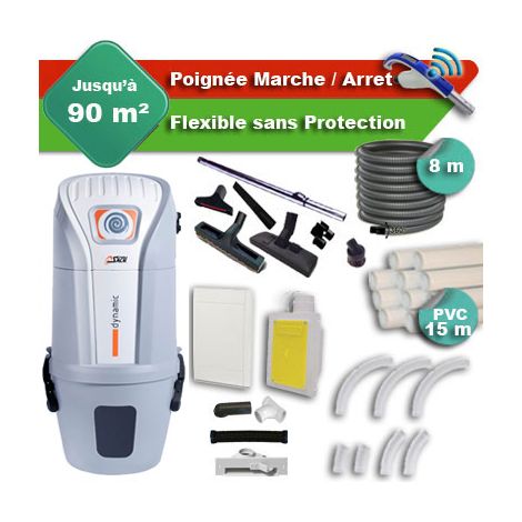 Aspirateur central SACH VAC Dynamic 1.6 kW garantie 4 ans + flexible rétractable 8 m + poignée marche/arrêt + 7 accessoires + kit 1 prise RETRAFLEX + kit prise balai (rayon d'action 90 m2) (1/5)
