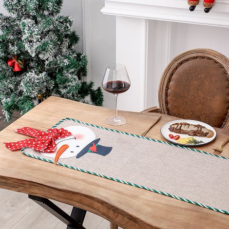 Rote Leinentischdecke mit Weihnachtsmann- und Schneemannmotiv, festliche Tischdekoration, 180 x 33 cm, 1 Stück im Beutel. (1/5)