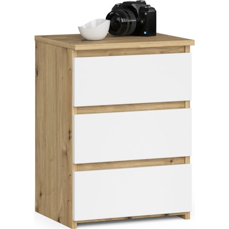 Akord – Table de chevet 3 tiroirs – Chêne artisan et blanc – Dimensions 40x35x57 cm – Meuble moderne pour chambre à coucher (1/5)