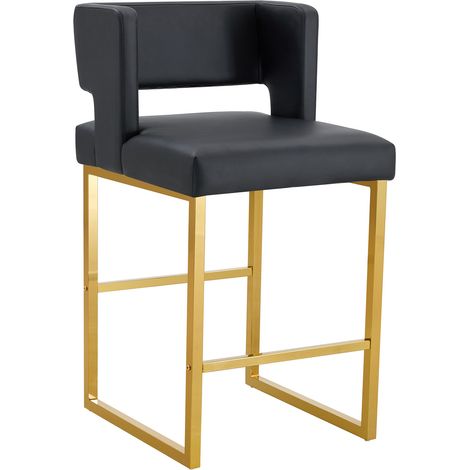Ensemble de 2 tabourets de bar noirs style nordique avec pieds métalliques dorés, sièges carrés rembourrés (1/5)