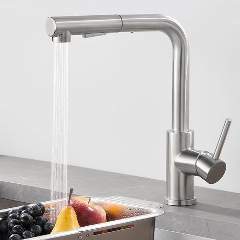 Oraymin Mitigeur Cuisine avec Douchette Extractible - Robinet de Cuisine en Acier Inox 304 Brossé - Pivotant à 360° - Robinetterie d'Évier Haut avec 2 Modes de Jet - Mitigeur Évier Eau Froide et Chaud (1/5)