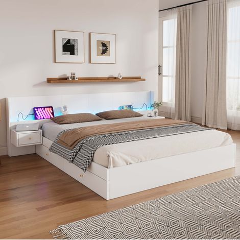 Lit 180x200 cm, 2 chevets, 2 tiroirs, éclairage LED avec appli, USB et prise, sommier inclus, structure MDF blanche, sans matelas (1/5)