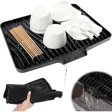 Tapis Egouttoir Vaisselle Silicone Tapis De Sechage Vaisselle Silicone Tapis Egouttoir Vaisselle 40x30cm Résistant à La Chaleur Antidérapant Pour Plan De Travail Évier Et Égouttoir (Noir) (1/5)