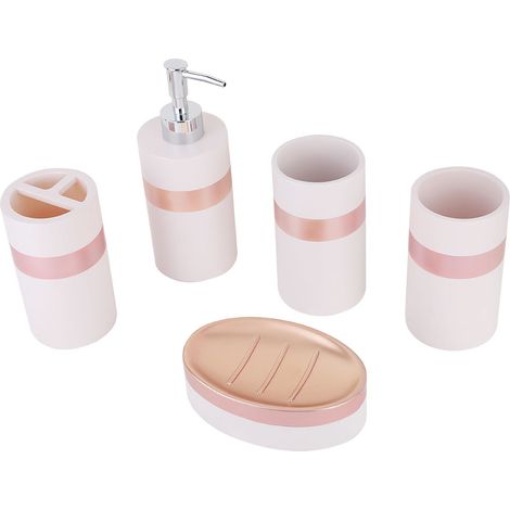 Ensemble d'accessoires de salle de bain 5 pièces, comprenant un distributeur de lotion, un gobelet de salle de bain en résine et un porte-brosse à dents. (1/5)