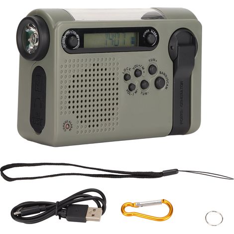 Radio d'urgence portable avec alarme SOS, grande capacité de mémoire, radio FM/AM/SW, chargement solaire, toutes bandes, noir et vert. (1/5)