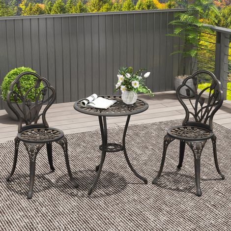 Ensemble de jardin 3 pièces comprenant 2 chaises et une table ronde avec trou pour parasol. Bronze. (1/5)