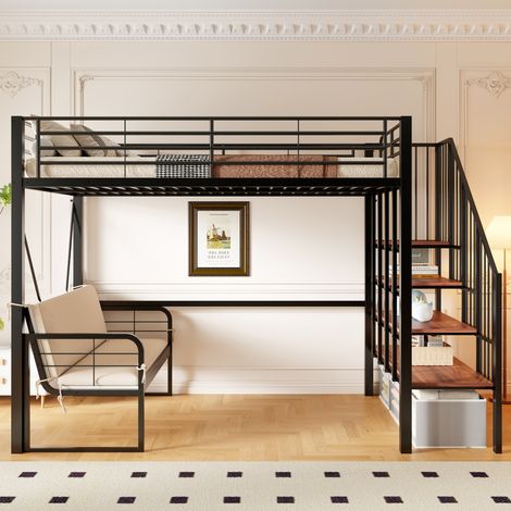 Lit mezzanine 140x200 cm avec canapé rembourré amovible, escalier de rangement, garde-corps, structure métal noir