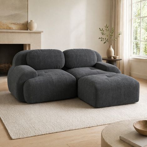 Canapé d'angle design modulaire 2 places en velours côtelé gris – Confort élastique – Accoudoirs galbés – Base antidérapante (1/5)