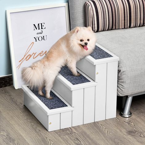 Escalera para Mascotas 3 Peldaños con Espacio de Almacenaje y Alfombra Antideslizantes Portátil Madera para Vehículo Carga 30 kg 40,5x44,5x38 cm Blanco (1/5)