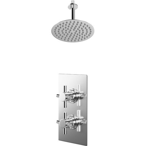 Cross Polished Chrome Concealed Twin Thermostatic Shower Valve and 200mm Thin Round Fixed Head with 150mm Ceiling Arm - 1 Outlet (1/5)