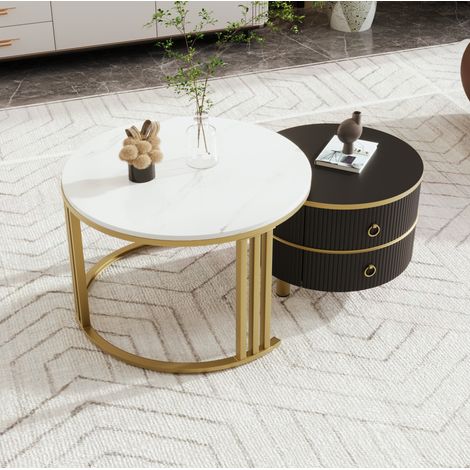 Tavolino rotondo sovrapponibile 2 in 1 con piano lucido e piano effetto marmo, in MDF, bianco, oro e nero (1/5)