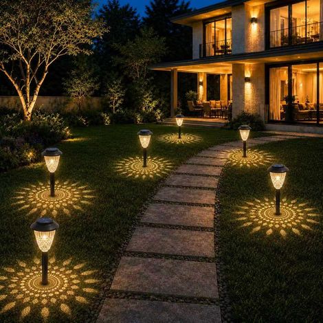 Lot de 8 lampes solaires à LED blanc chaud avec capteur crépusculaire, étanchéité IP65, éclairage décoratif de jardin pour terrasse, pelouse, cour, balcon (1/5)
