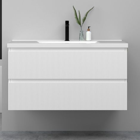 Meuble de salle de bain suspendu Strié 100cm avec simple vasque + 2 tiroirs, Blanc (1/5)