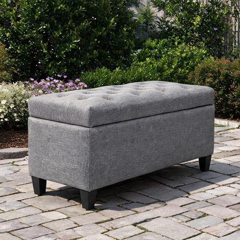 Banc de rangement rembourré en tissu effet lin bois massif gris (1/5)