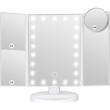Kosmetikspiegel mit 22 LEDs, faltbar, 1x/2x/3x/10x Vergrößerung, berührungsempfindlicher Kosmetikspiegel mit Beleuchtung, USB-Ladeanschluss, Weiß (1/5)