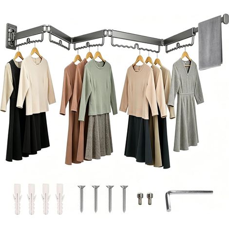Étendoir à linge mural pliable, extensible, avec barre d'extension, séchoir mural pour balcon, en aluminium, avec crochet (gris anthracite, pliable à 5 compartiments, 193,7 cm) (1/5)